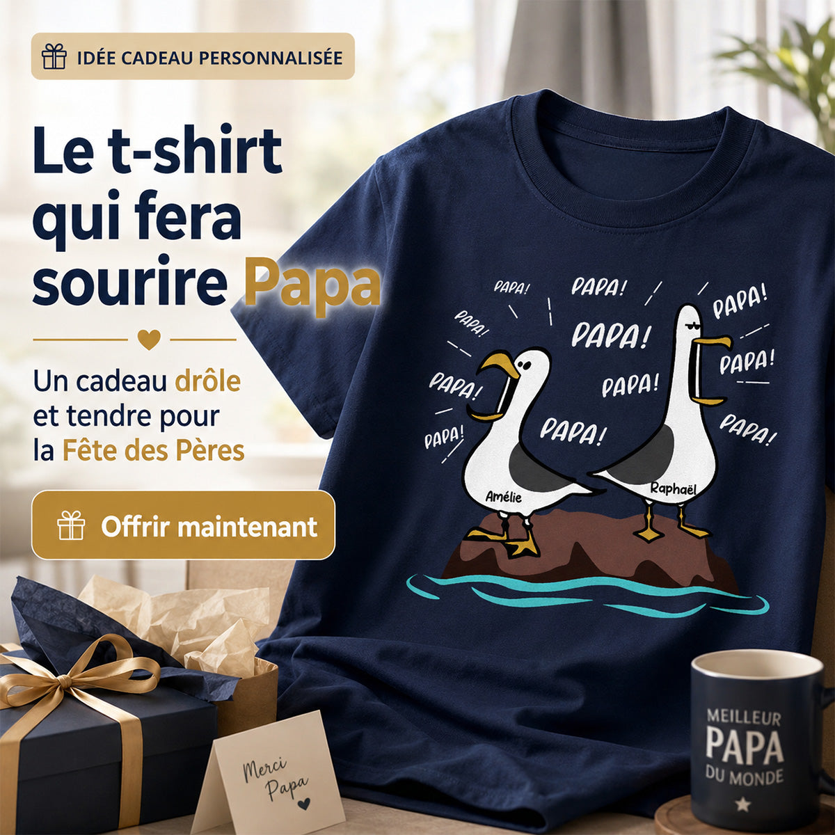 Mouettes Papa! Papa! Papa! – T-shirt Personnalis – Cadeau Rigolo pour la Fte des Pres
