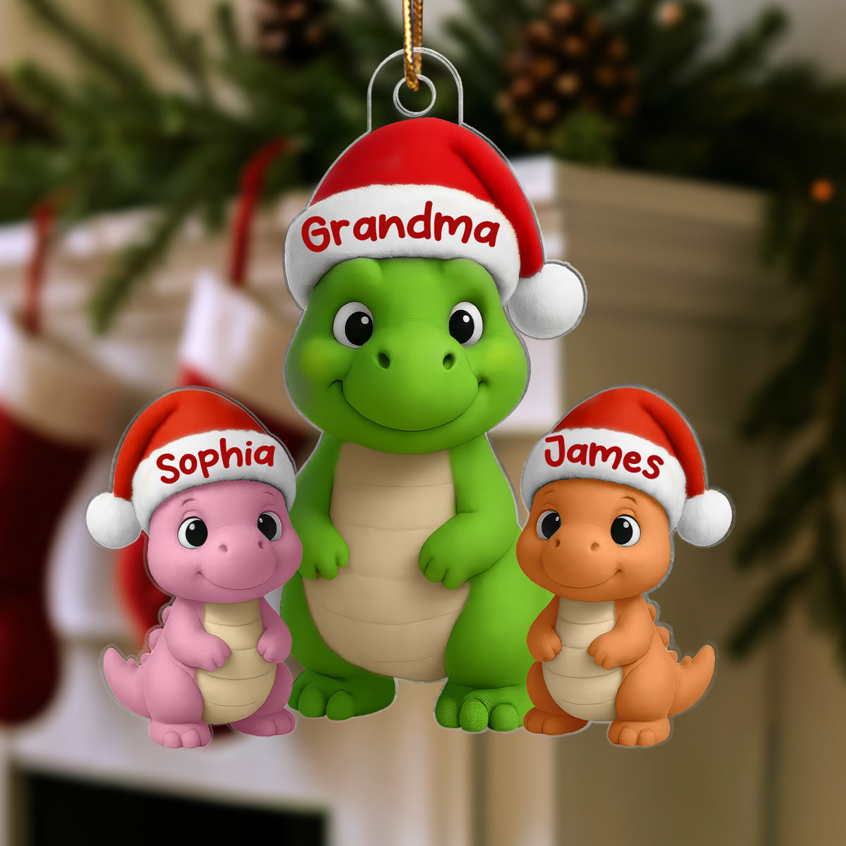 3D Effect Happy Grandmasaurus With Dinosaur Grandkids - Personalized Acrylic Ornament