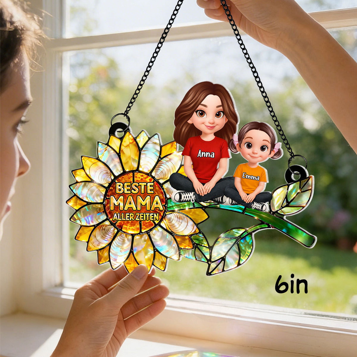 Sonnenblumen-Mama mit Kindern – Personalisierter Suncatcher frs Fenster – Liebevolles Muttertagsgeschenk fr Mama oder Ehefrau