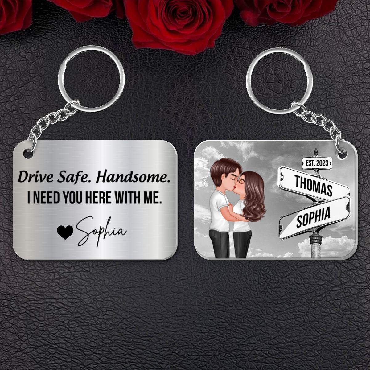Drive Safe Couple Kissing Vintage Crossroads Street Sign Personalized Metal Keychain, Anniversary Gift For Him, Boyfriend, Husband