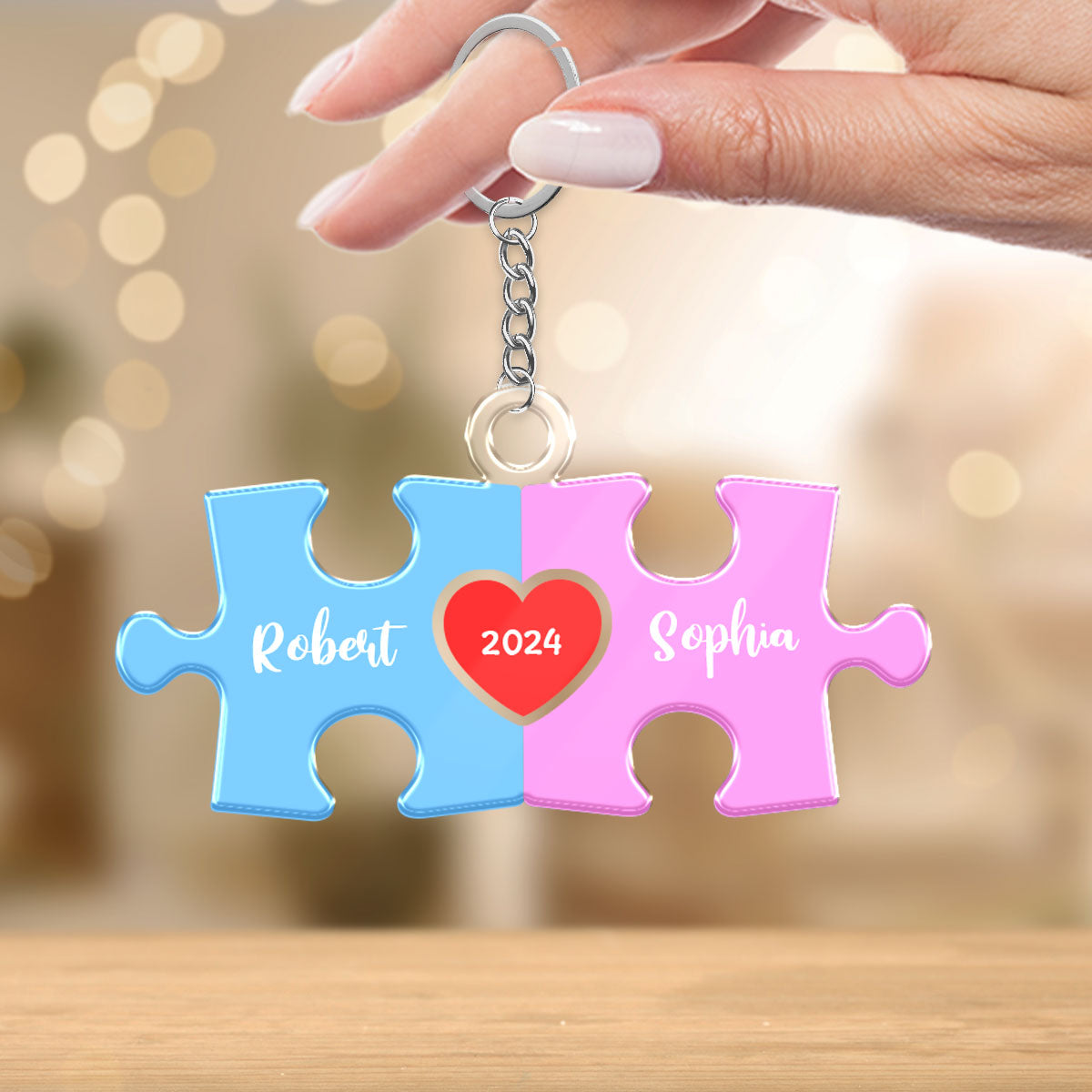 Love Is The Piece That Holds Us Together Acrylic Keychain, Personalize Couple Puzzle Name Sign, Gift For Him, For Her, Wedding Gift