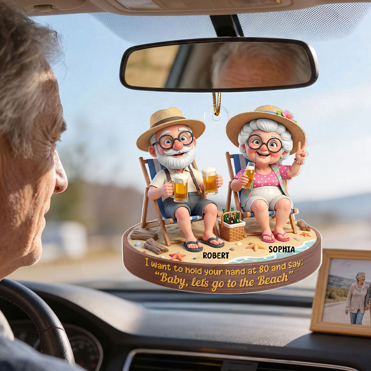 3D Effect Old Couple Baby Let's Go to the Beach - Personalized Acrylic Car Hanger - Sentimental Gift for him, for her