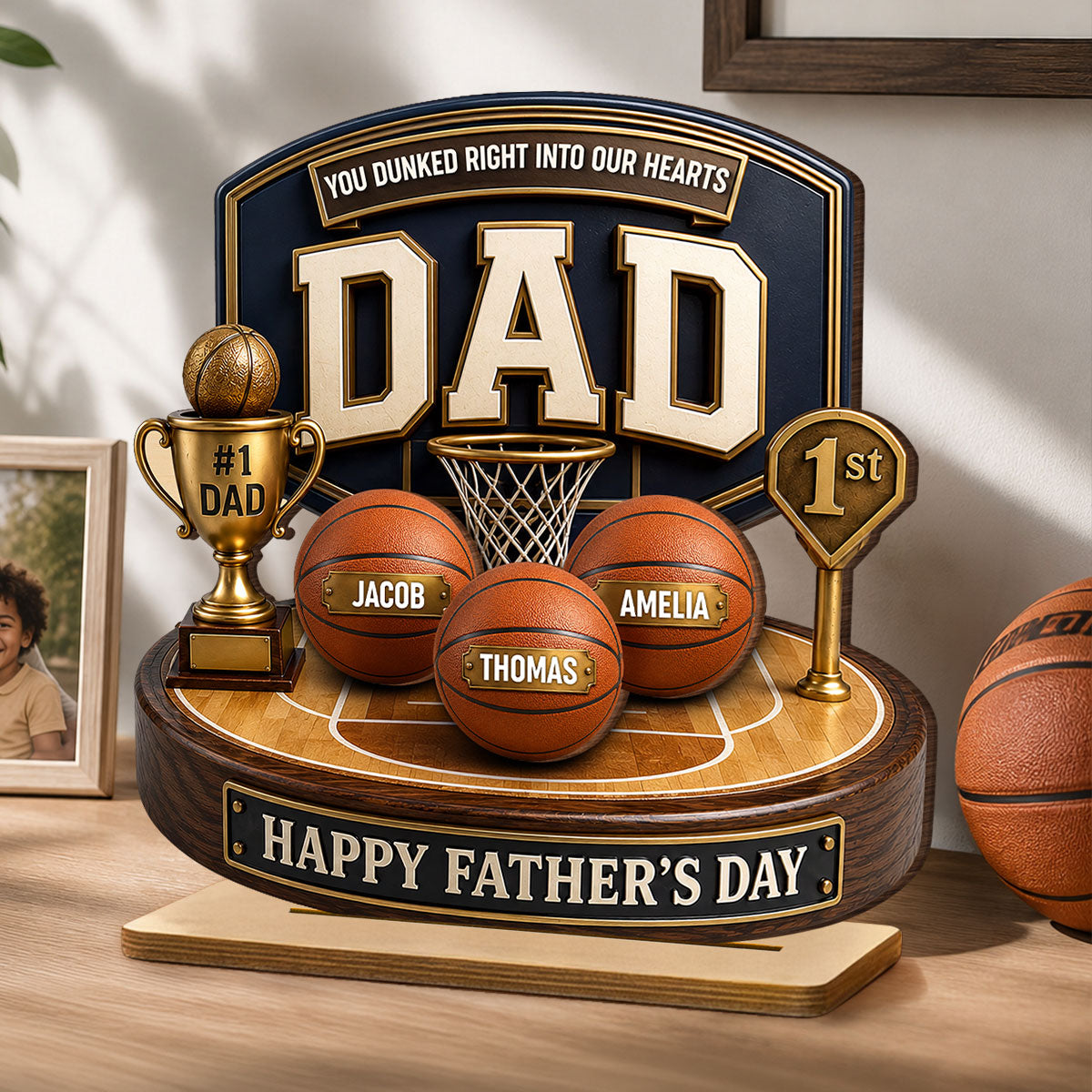 Basketball Trophy You Dunked Right Into Our Hearts - Personalized 2-Layered Wooden Plaque - Gift For Dad, Husband