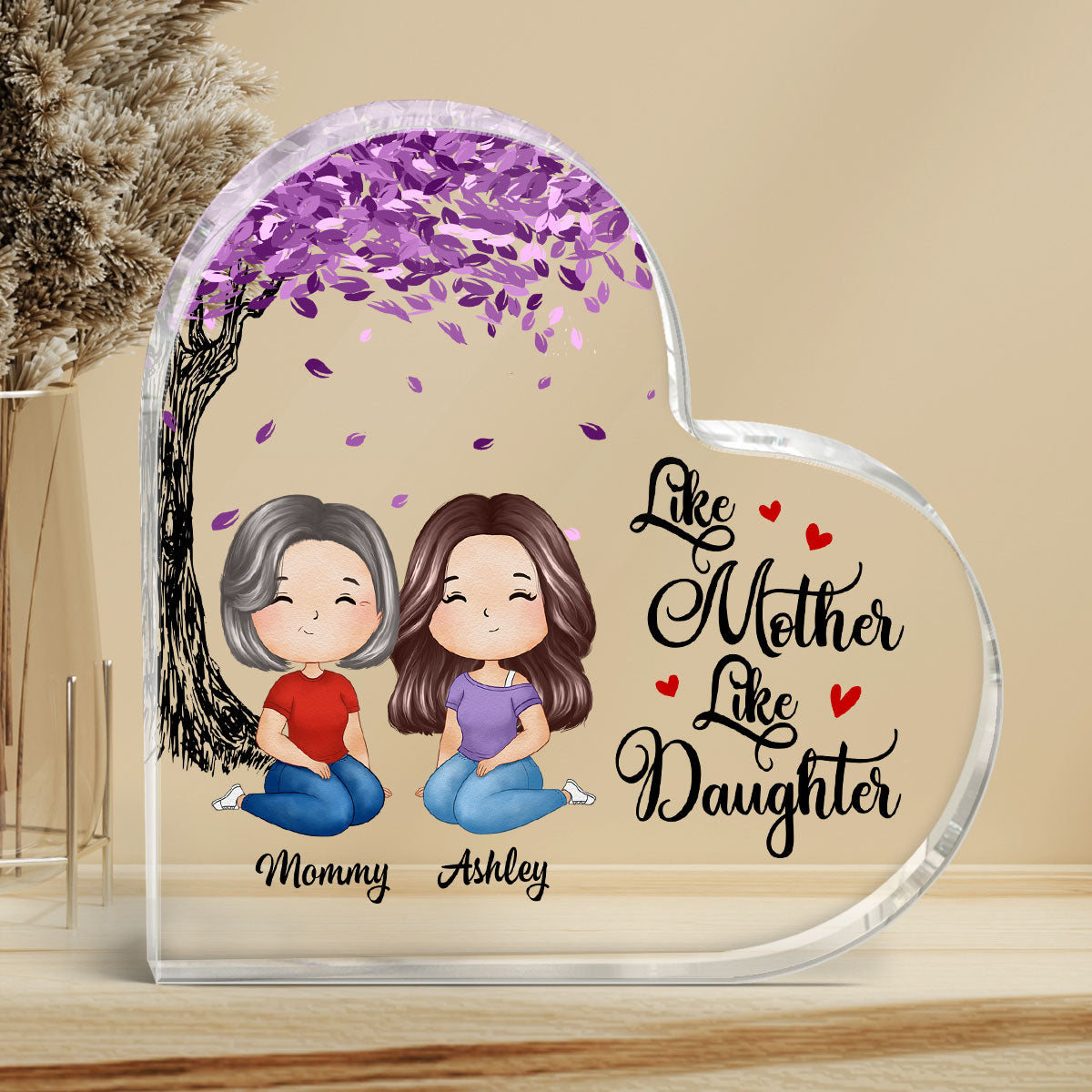Watercolor Style Mom And Daughters Sitting Under Purple Tree Personalized Heart Acrylic Plaque