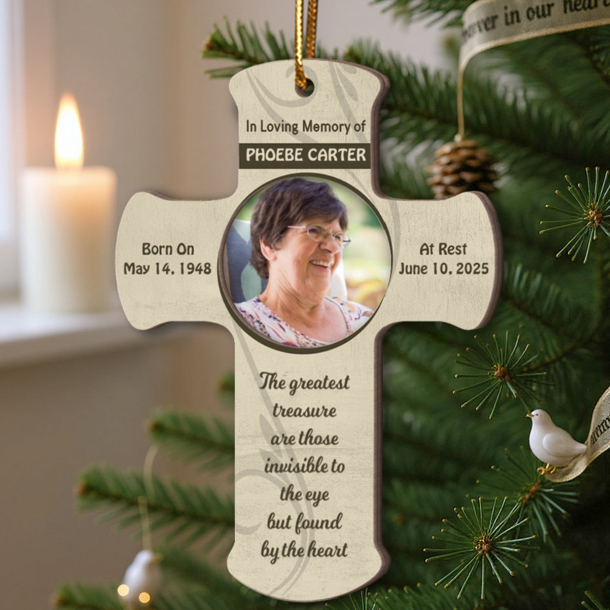 Forever in Our Hearts Memorial Keepsake, Sympathy Gift Photo Cross Christmas Personalized 2-Layer Wooden Ornament