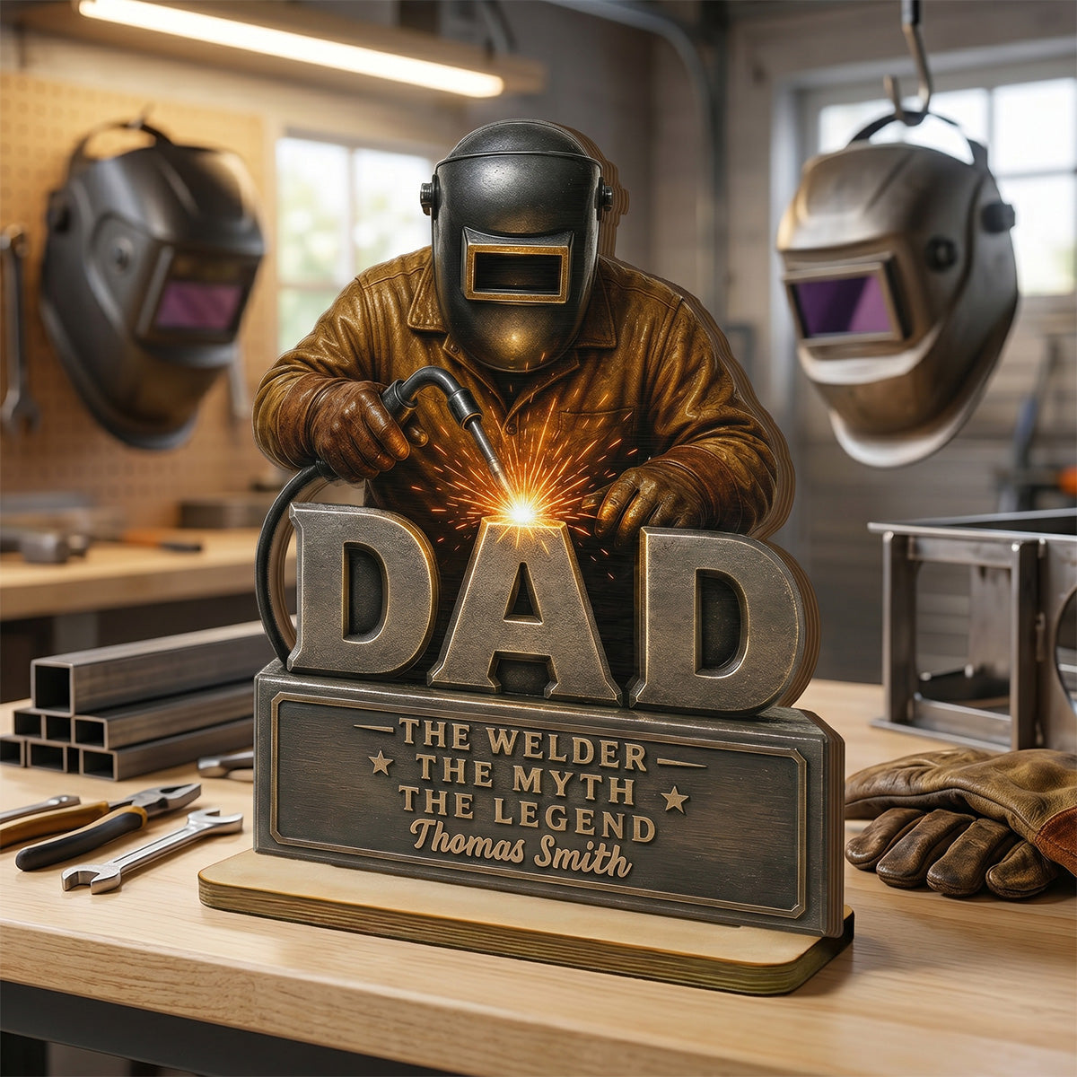 Welder Dad The Man The Myth - Personalized 2-Layered Wooden Plaque - Gift For Welders, Metal Worker Mechanic Welding Dad, Husband