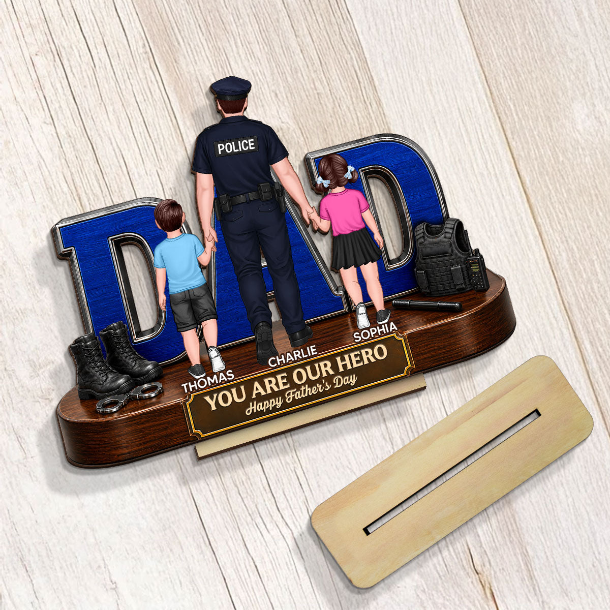 Proud American Police Dad You Are Our Hero - Personalized 2-Layered Wooden Plaque - Unique Trending Gift For Dad, Husband