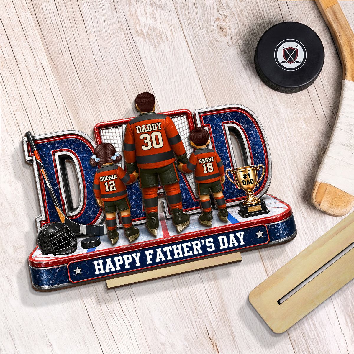 MVP Hockey Dad & Kids Together - Personalized 2-Layered Wooden Plaque - Gift For Dad, Husband
