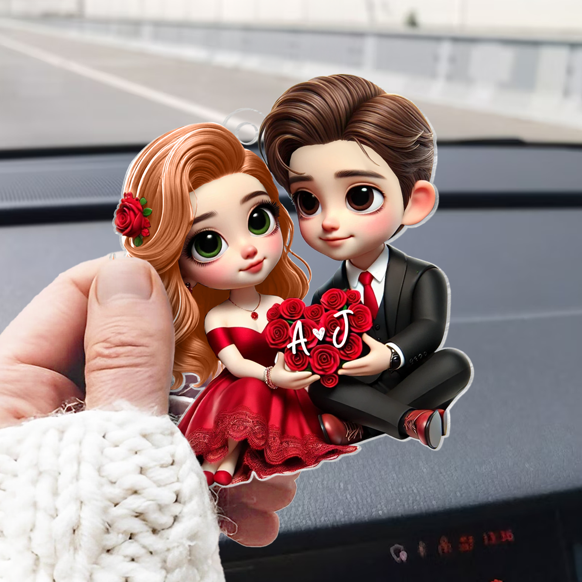 Romantic Couple Roses Personalized Acrylic Car Hanger, Anniversary Gift for him, Gift for her