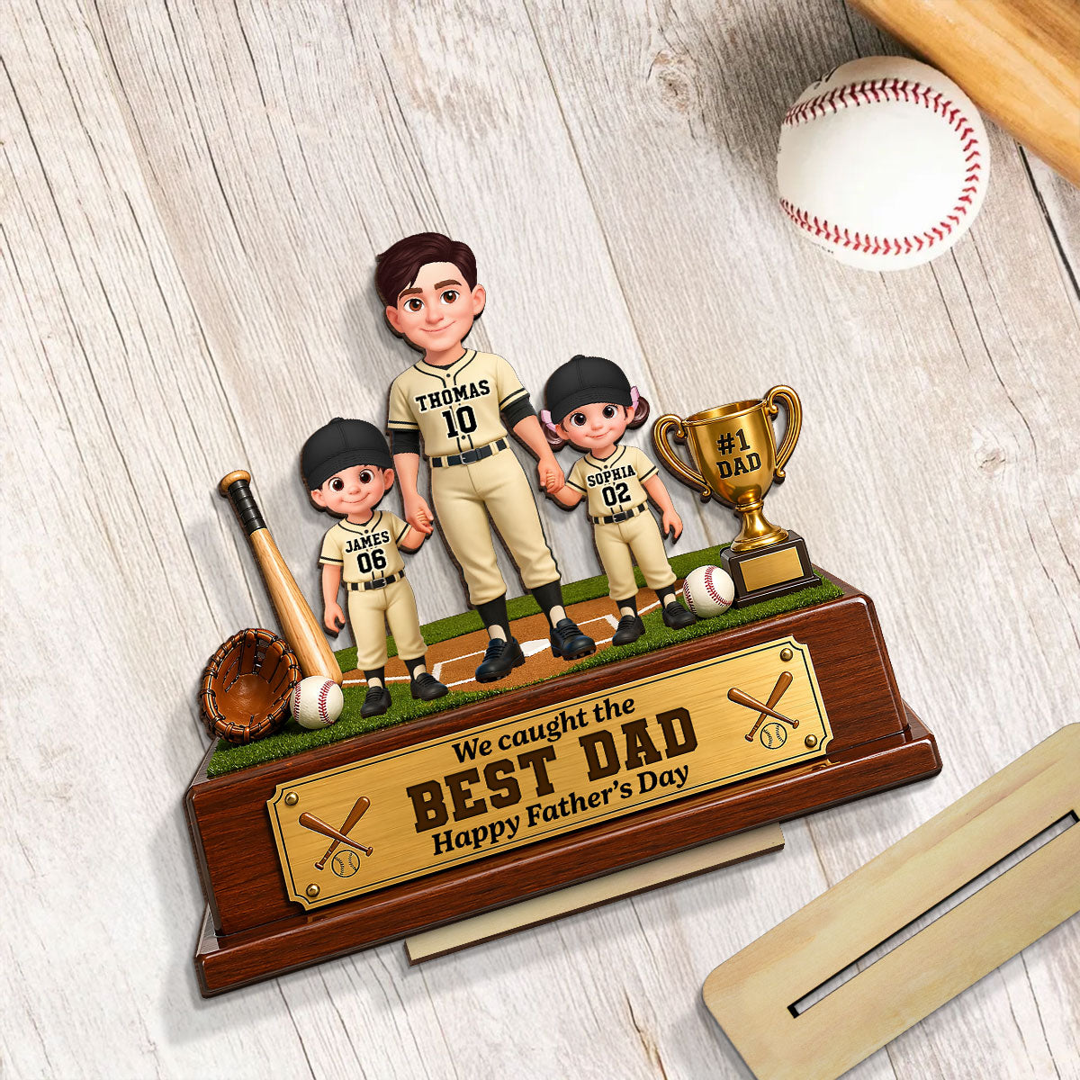Baseball We Caught The Best Dad - Personalized 2-Layered Wooden Plaque - Gift For Dad