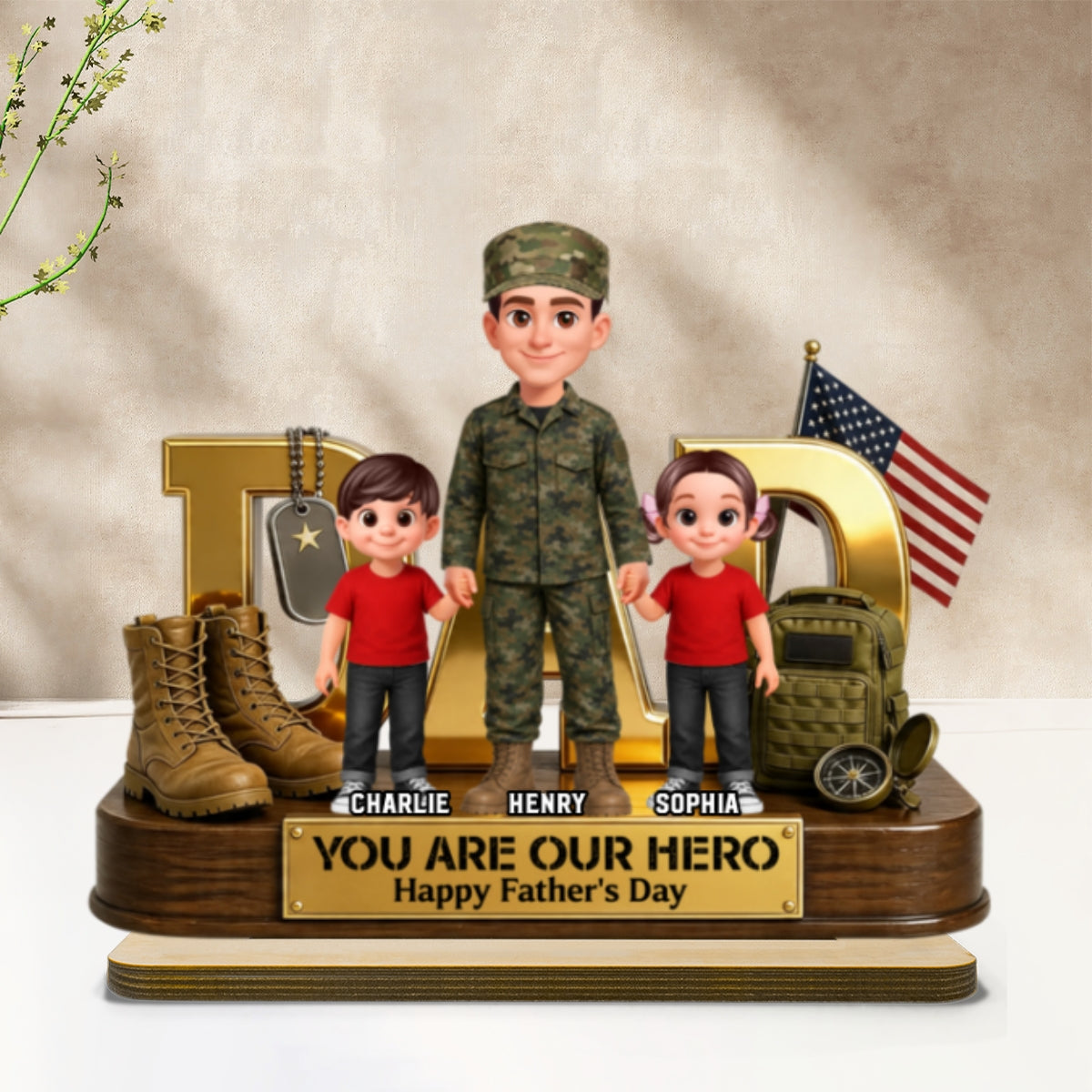 Proud American Millitary Dad - Personalized 2-Layered Wooden Plaque - Gift For Dad, Husband