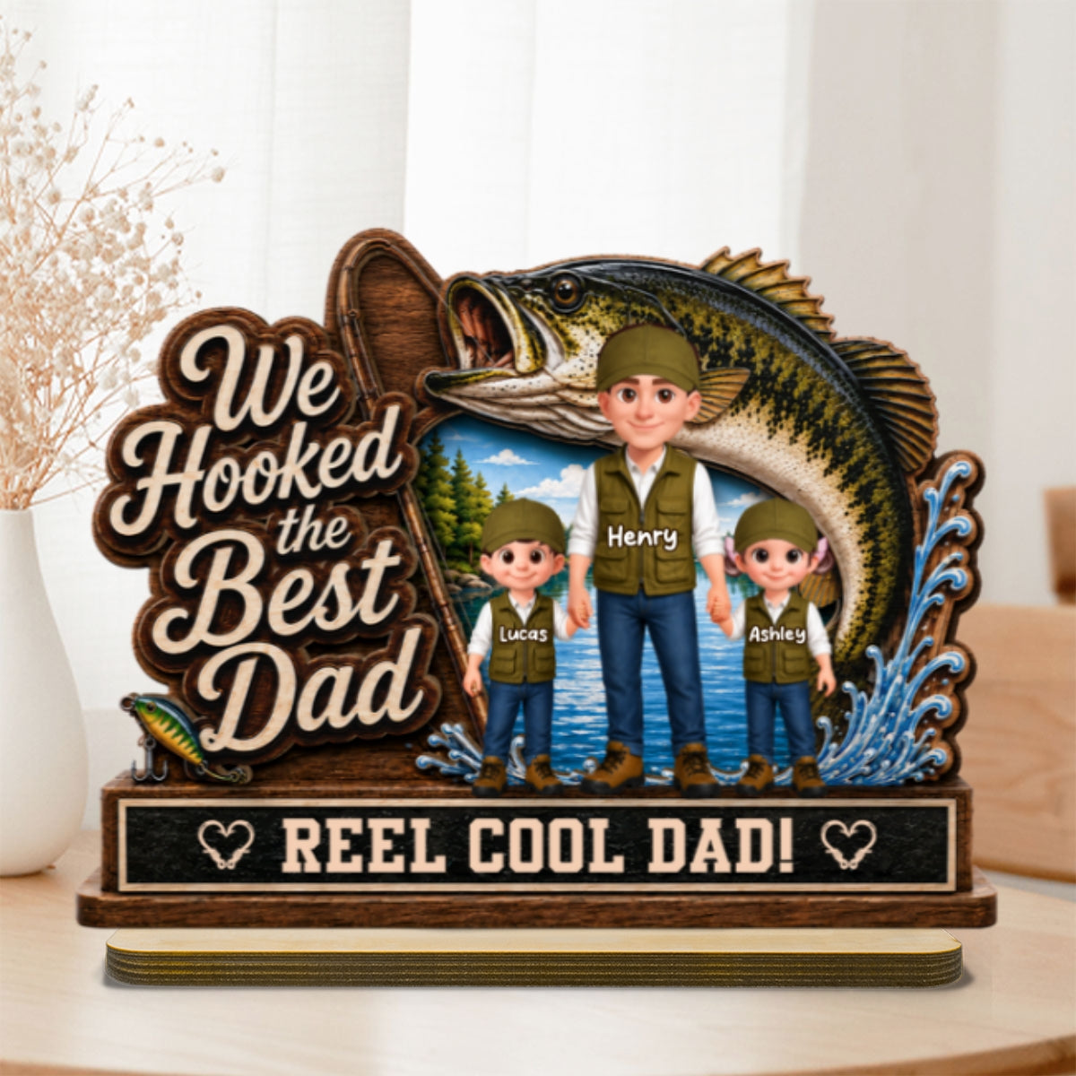 We Hooked The Best Dad Fishing Man & Kids 2D Flat - Personalized 2-Layered Wooden Plaque - Gift For Fishing Dad