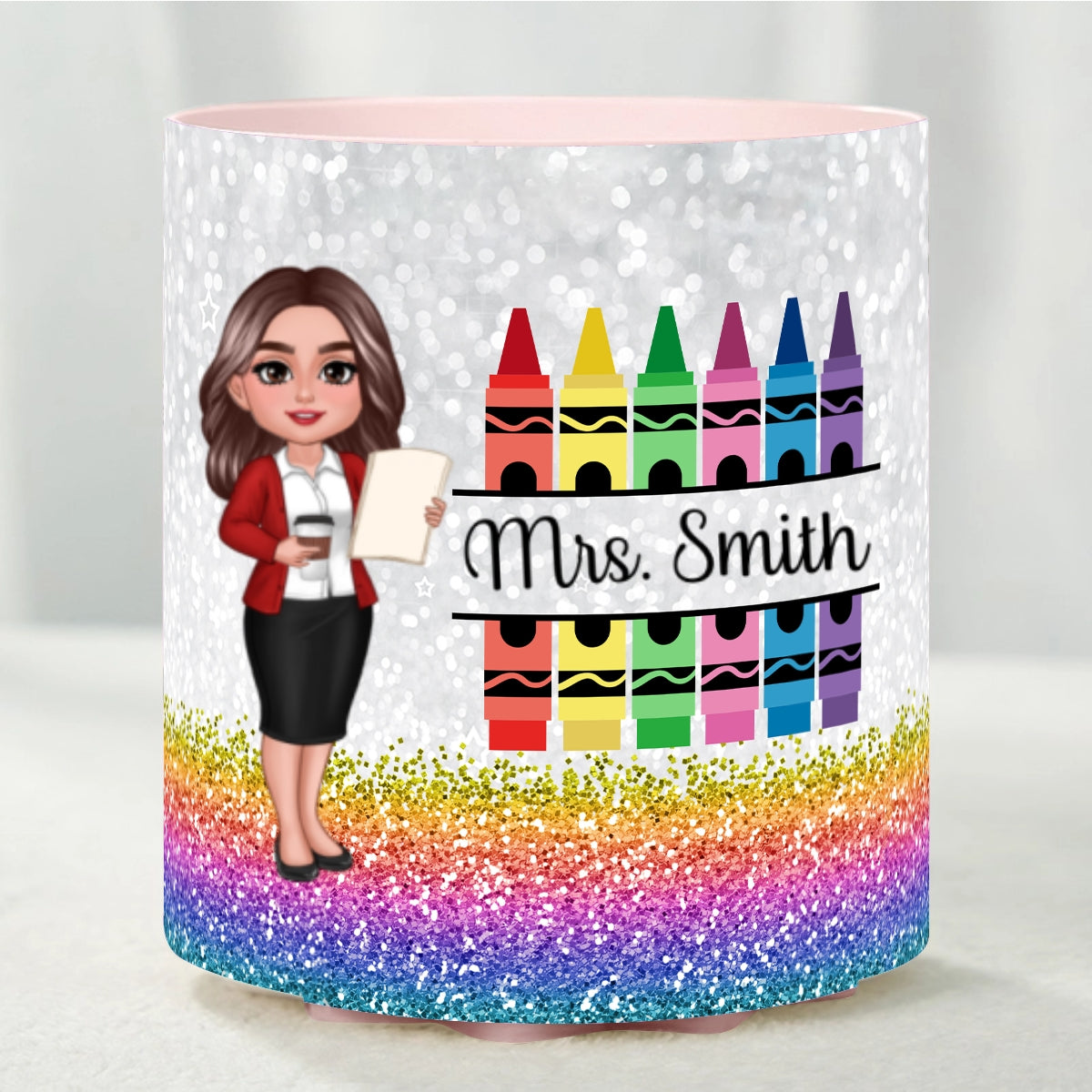 Teacher Crayon Glitter Texture Personalized Rotating Pen Holder, Teacher Appreciation Gift, Back To School Gift