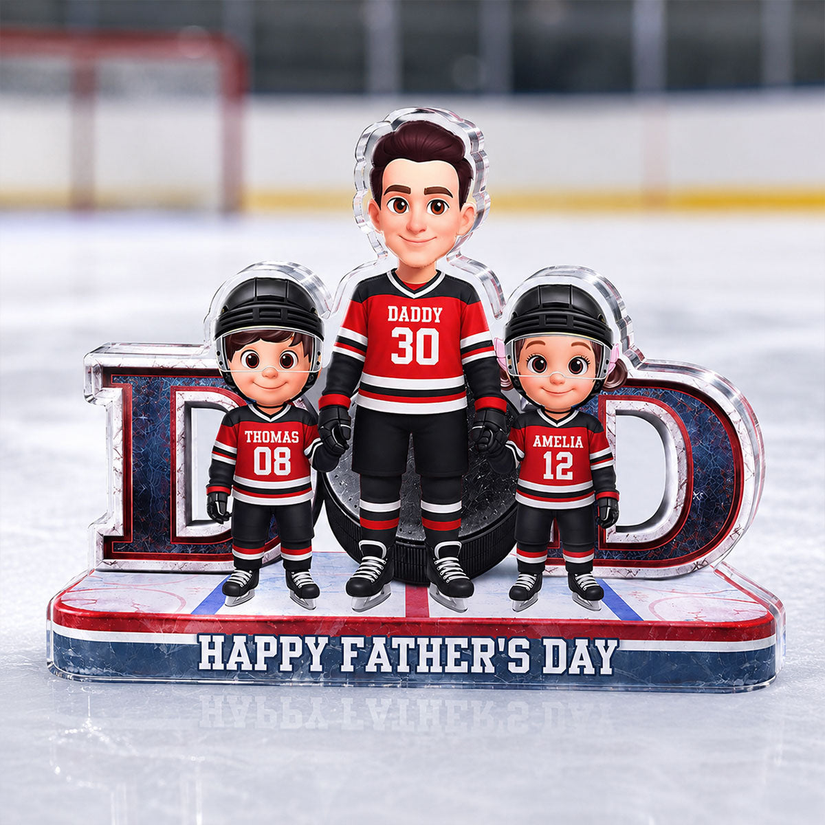 Hockey Dad And Kids Together Front View - Personalized Acrylic Block Plaque - Gift For Dad, Husband