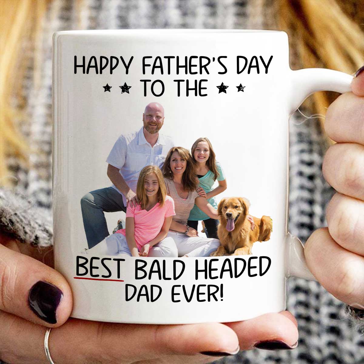 Behind Spoiled Daughter Is Bald Headed Father Photo Inserted Funny Fatherās Day Gift For Dad Personalized Mug