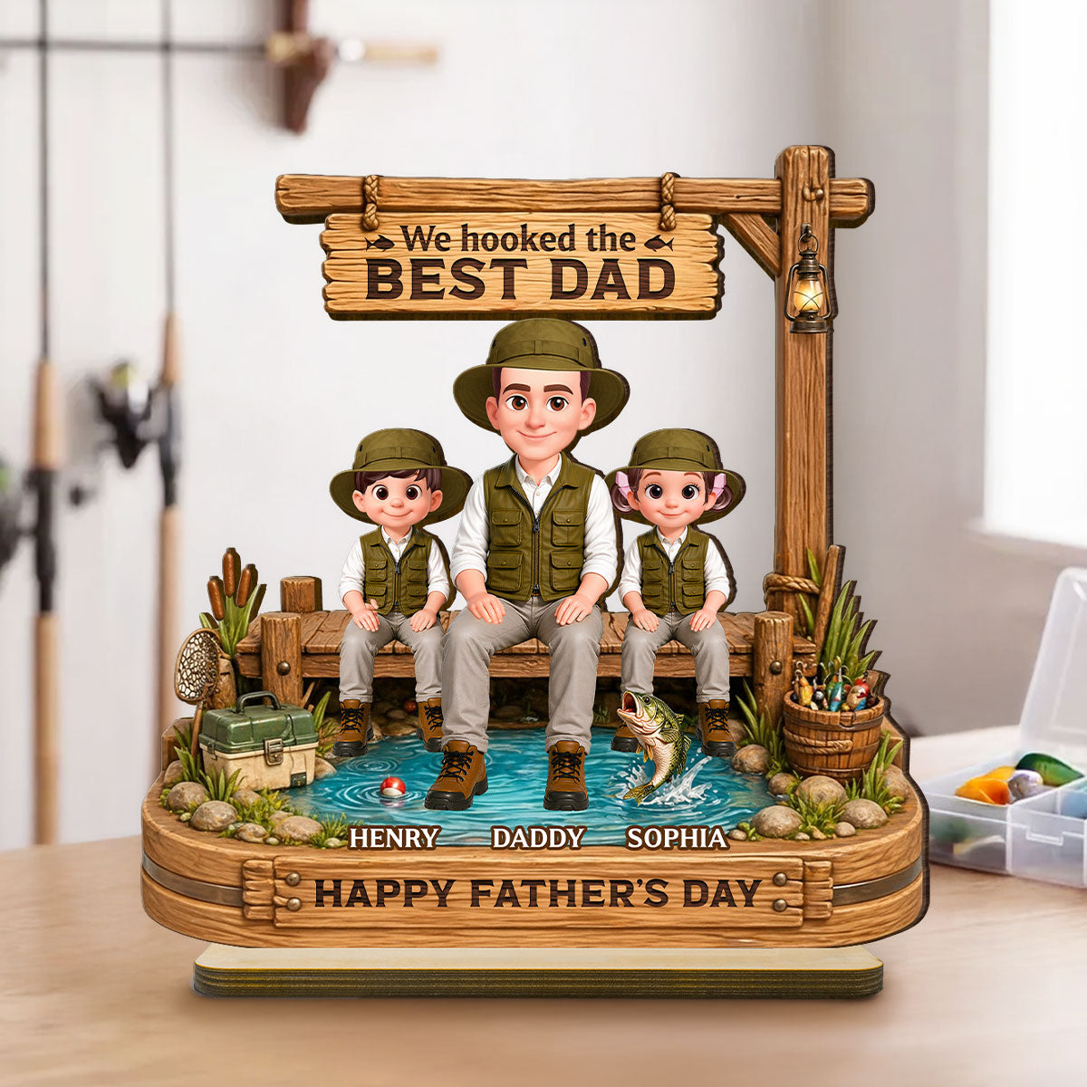 We Hooked The Best Dad Fishing - Personalized 2-Layered Wooden Plaque - Gift For Fishing Dad, Fishing Lovers