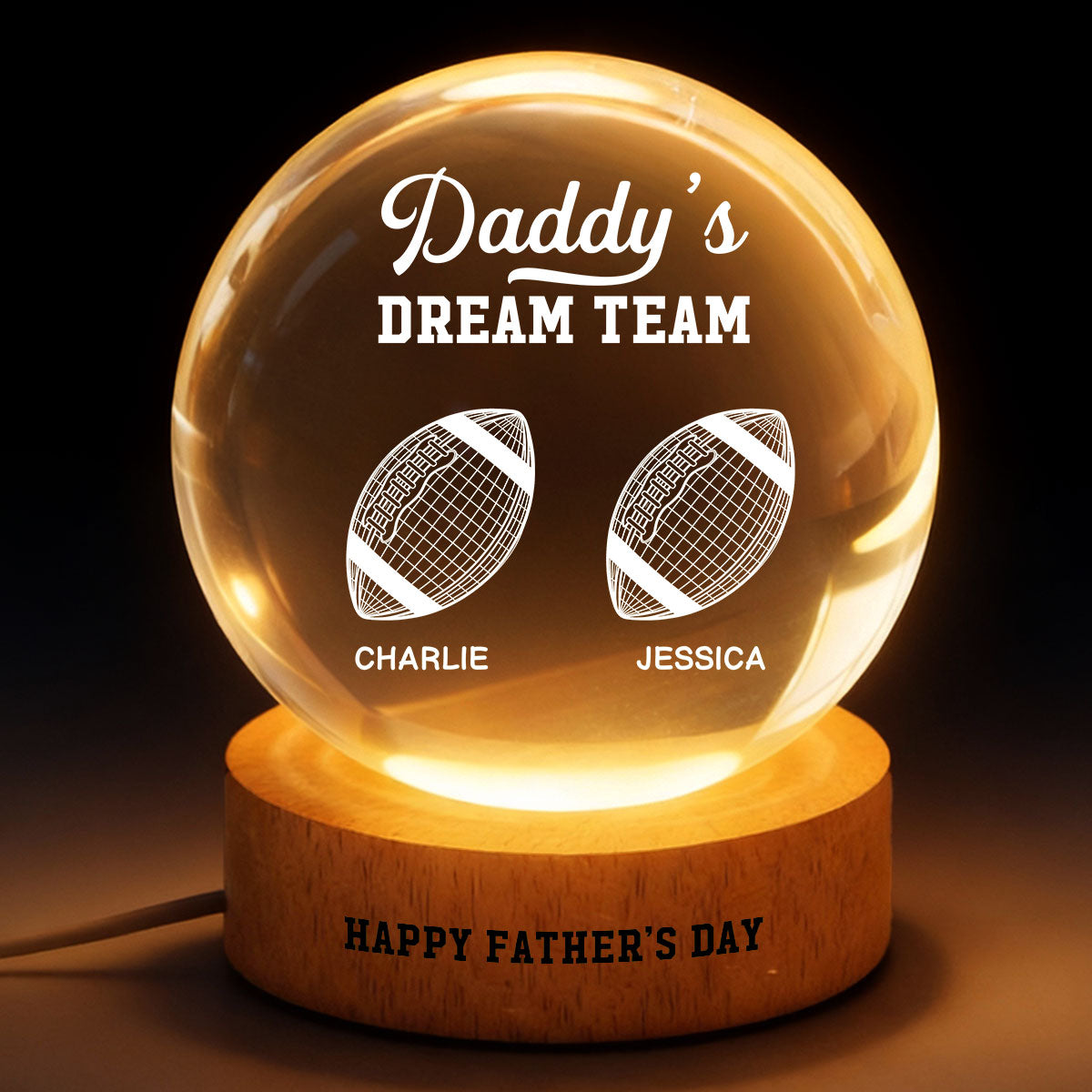 American Football Daddy's Dream Team Illusion Style - Personalized Crystal Ball LED Night Light - Gift For Dad, Husband