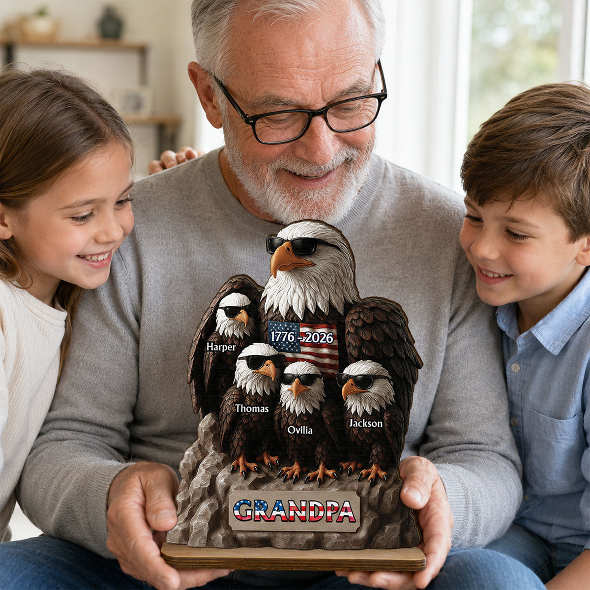 America 250th Anniversary Patriotic Eagle Grandpa Dad & Kids - Personalized 2-Layered Wooden Plaque - Gift, 250th Anniversary Gift, Keepsake For Grandpa, Dad