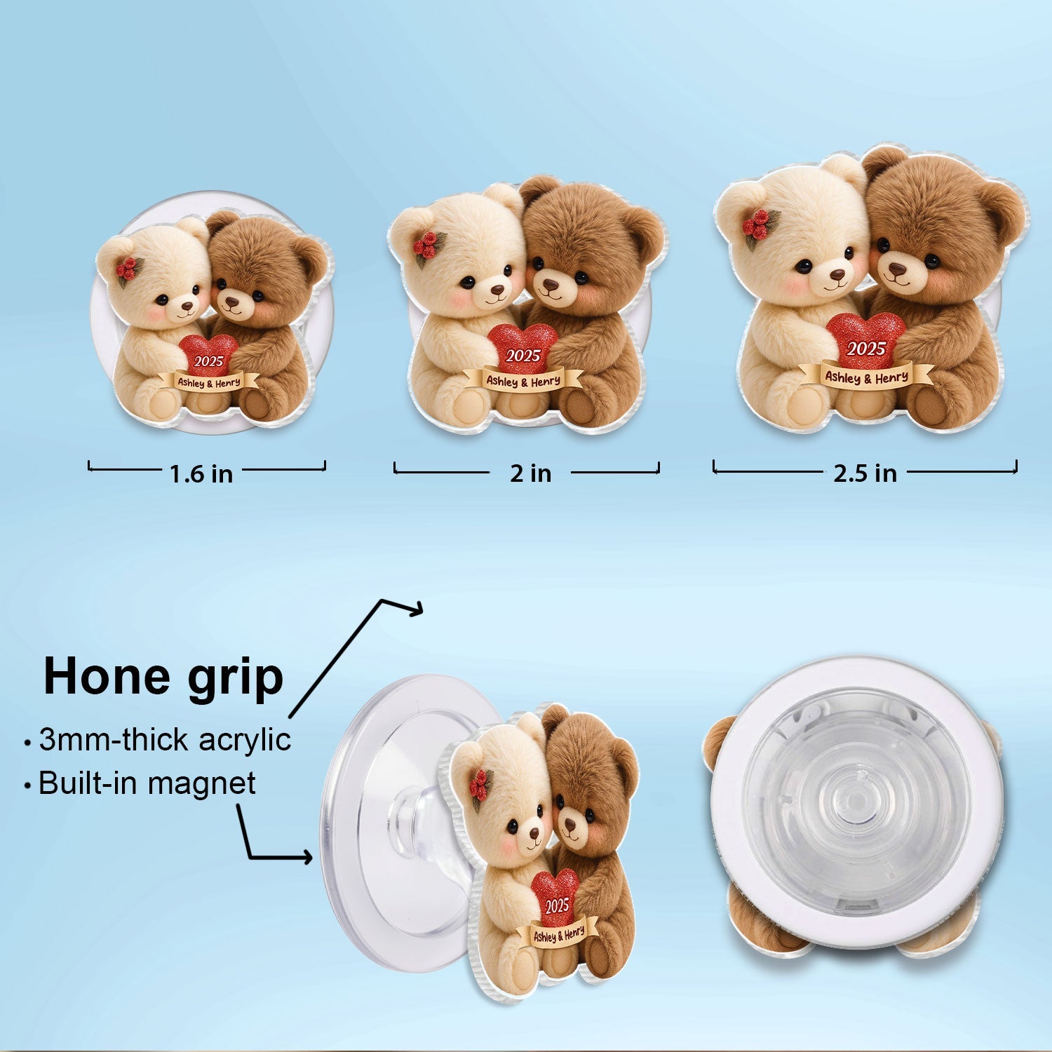 Loving Bear Couple - Personalized Acrylic Magnetic Phone Grip - Gift for him, for her, Matching Phone Grips for Couple