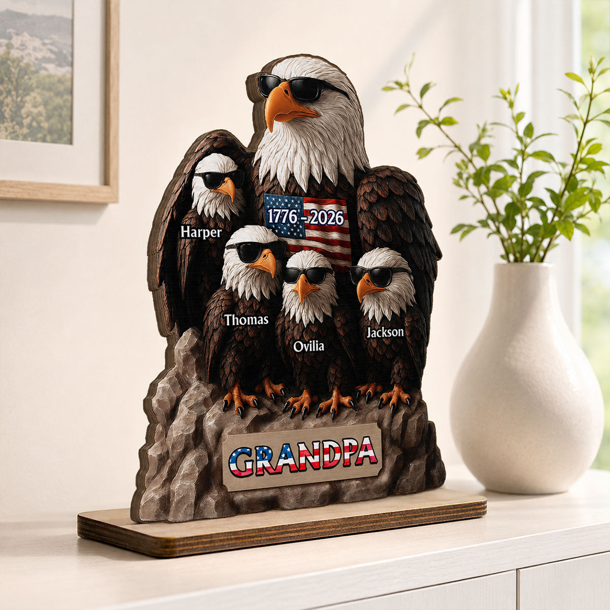 America 250th Anniversary Patriotic Eagle Grandpa Dad & Kids - Personalized 2-Layered Wooden Plaque - Gift, 250th Anniversary Gift, Keepsake For Grandpa, Dad