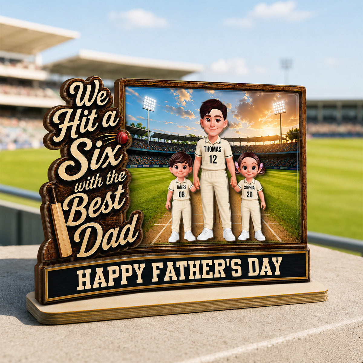 Hit A Six With The Best Dad Cricket Dad & Kids On Field 2D Flat - Personalised 2-Layered Wooden Plaque - Gift For Husband, Dad