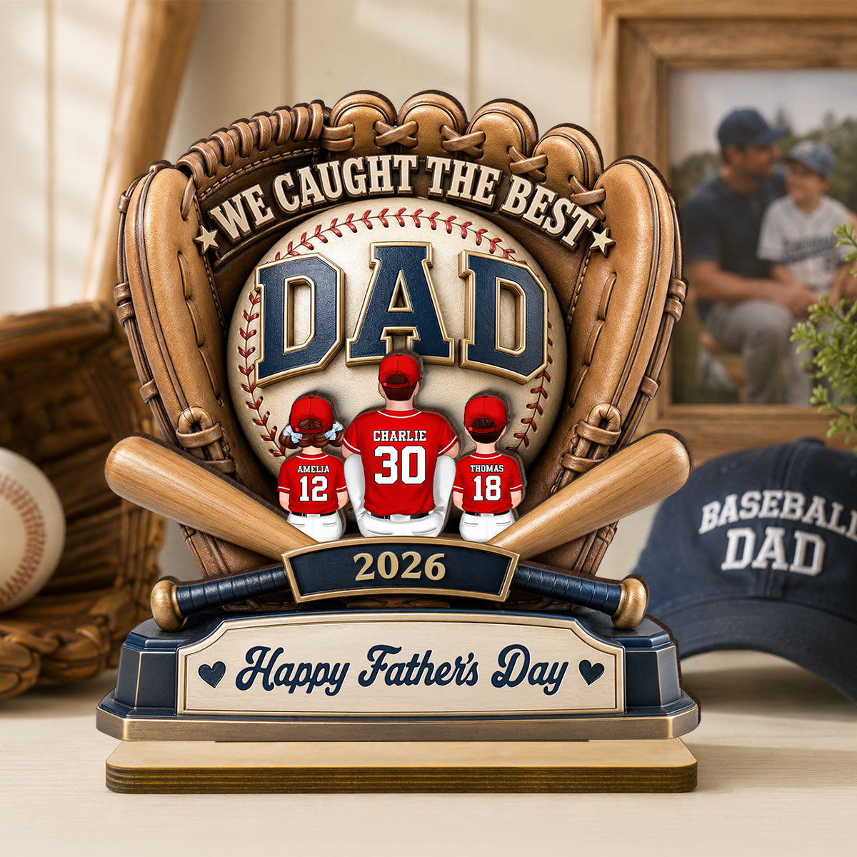 Dad's Greatest Catch Baseball - Personalized 2-Layered Wooden Plaque - Gift For Dad, Husband