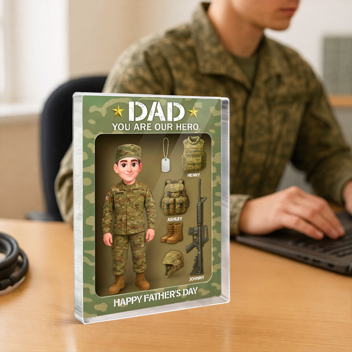 Proud Army Millitary Dad Hero - Personalized Acrylic Block Plaque - Gift For Marine Dad