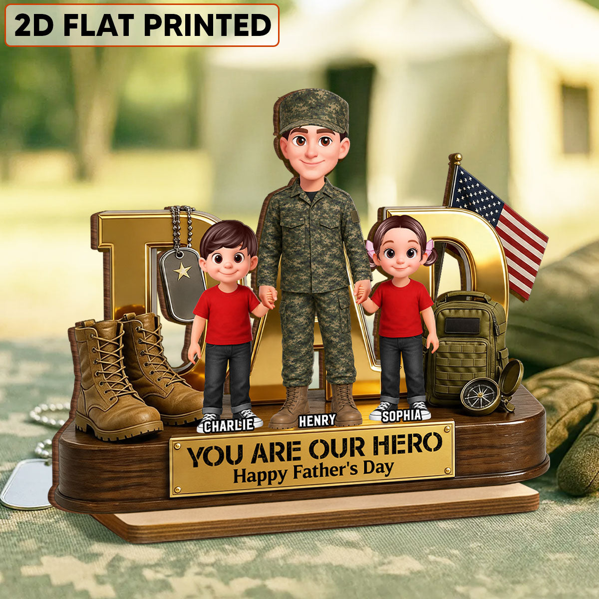 Proud American Millitary Dad - Personalized 2-Layered Wooden Plaque - Gift For Dad, Husband