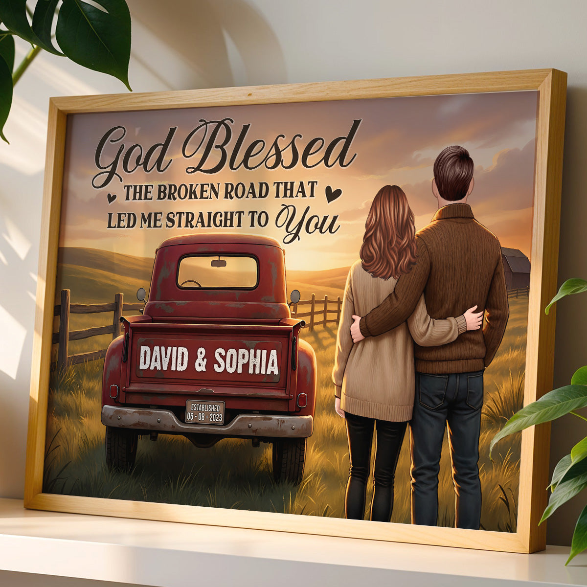 Rustic Nostalgia Red Pickup Truck Couple Together Farmhouse Decor - Personalized Poster - Heartfelt Valentine, Anniversary Gift For Him, For Her
