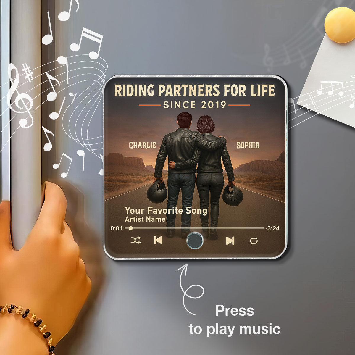 3D Effect Custom Figure Couple Bikers Riding Partners For Life Personalized Music Fridge Magnet