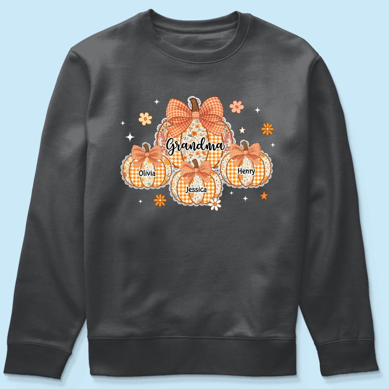 Lace Pattern Grandma Custom Pumpkins With Kids Names - Personalized Shirt - Gift For Grandmas, Fall Vibe Cozy Shirt