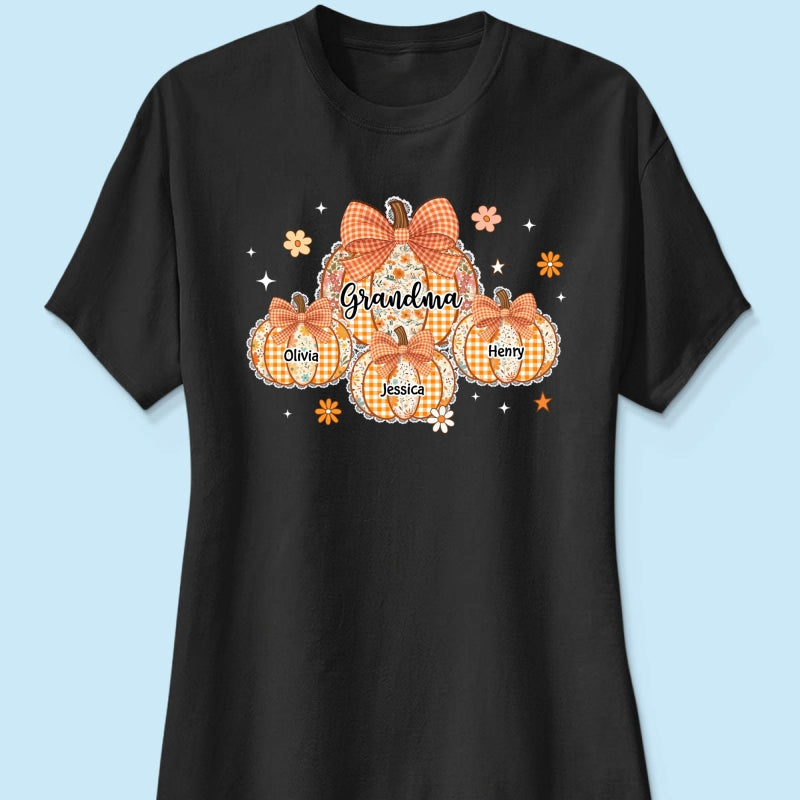 Lace Pattern Grandma Custom Pumpkins With Kids Names - Personalized Shirt - Gift For Grandmas, Fall Vibe Cozy Shirt