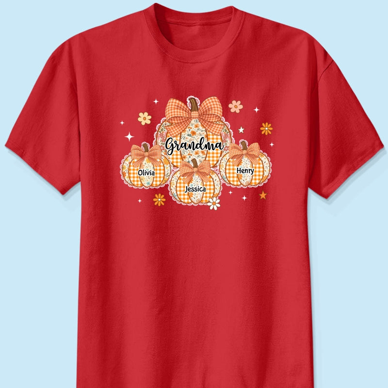 Lace Pattern Grandma Custom Pumpkins With Kids Names - Personalized Shirt - Gift For Grandmas, Fall Vibe Cozy Shirt
