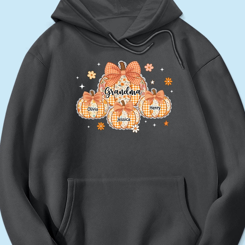 Lace Pattern Grandma Custom Pumpkins With Kids Names - Personalized Shirt - Gift For Grandmas, Fall Vibe Cozy Shirt