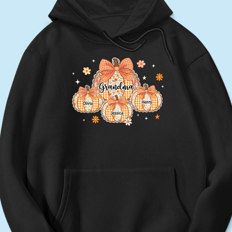 Lace Pattern Grandma Custom Pumpkins With Kids Names - Personalized Shirt - Gift For Grandmas, Fall Vibe Cozy Shirt