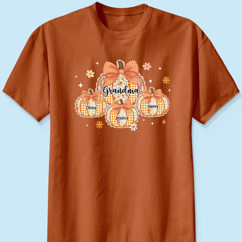 Lace Pattern Grandma Custom Pumpkins With Kids Names - Personalized Shirt - Gift For Grandmas, Fall Vibe Cozy Shirt