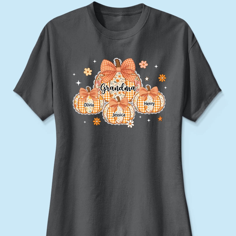 Lace Pattern Grandma Custom Pumpkins With Kids Names - Personalized Shirt - Gift For Grandmas, Fall Vibe Cozy Shirt