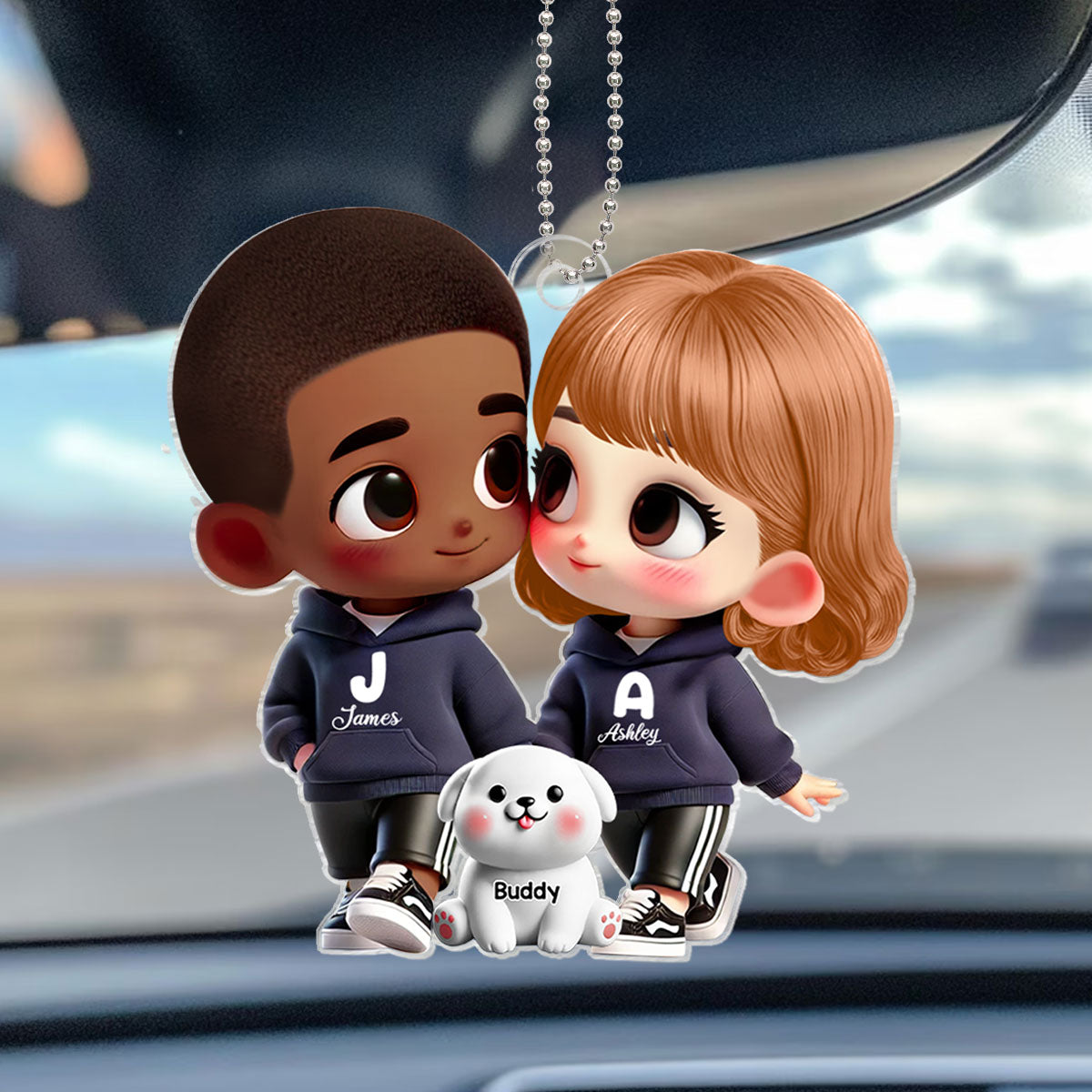 3D Effect Cute Cartoon Couple Holding Hands with Dogs Cats Personalized Acrylic Car Hanger, Anniversary & Gift for him, Gift for her
