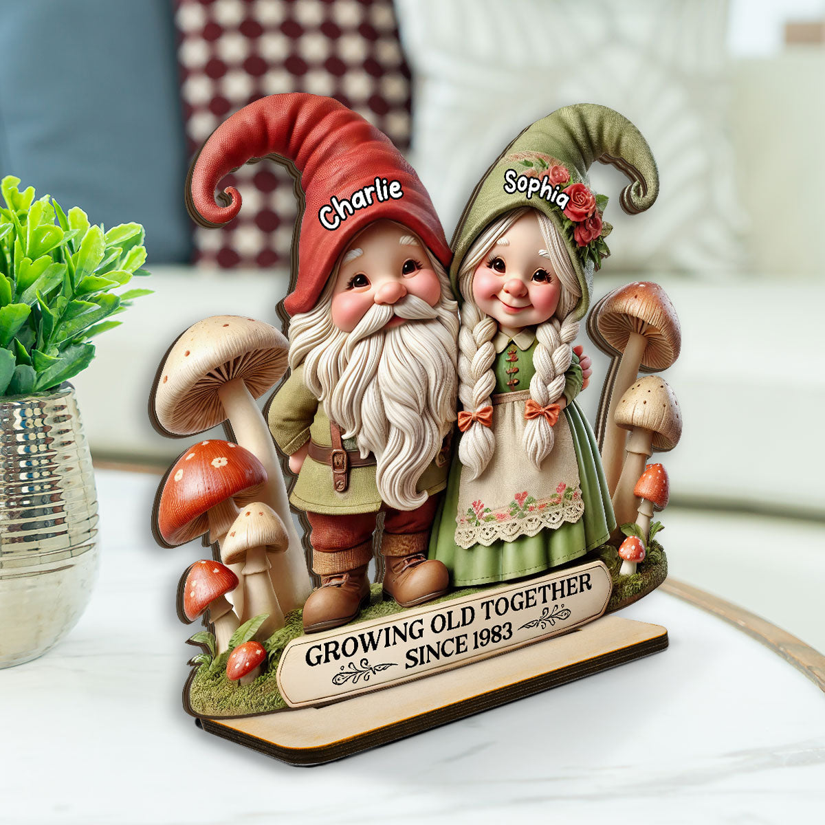 3D Effect Whimsical Gnome Couple Personalized Standing Wooden Plaque, Heartfelt Gift For Couple, For Him, For Her, Husband, Wife