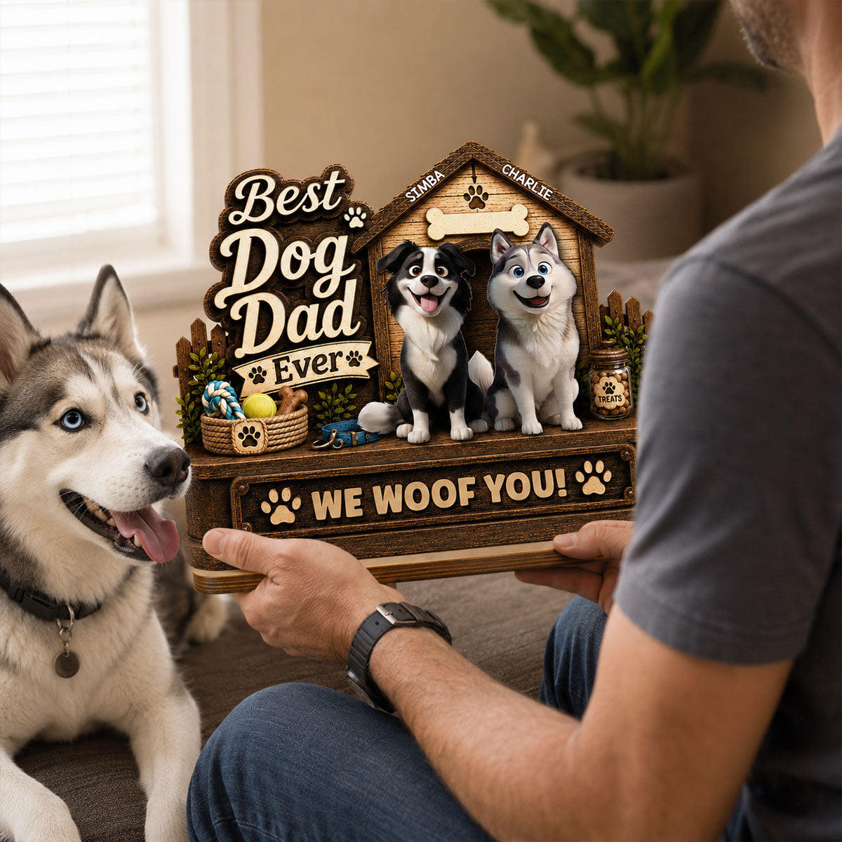 Best Dog Dad Ever Cute Dogs 2D Flat - Personalized 2-Layered Wooden Plaque - Gift For Dog Dad