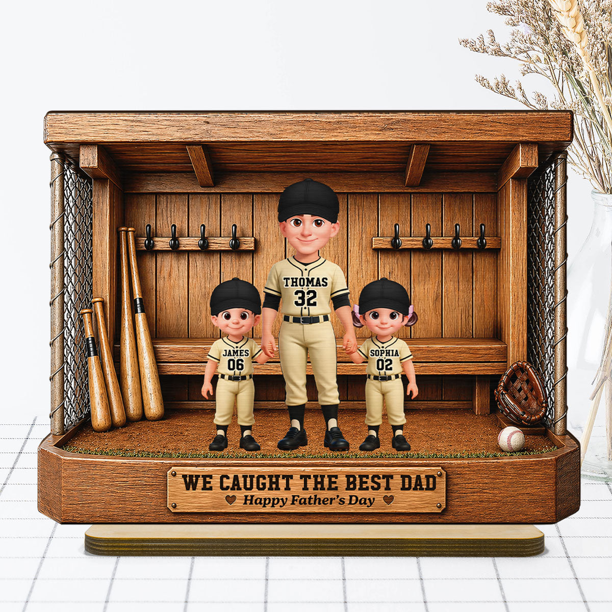 Baseball Dugout Dad And Kids We Caught The Best Dad - Personalized 2-Layered Wooden Plaque - Gift For Dad