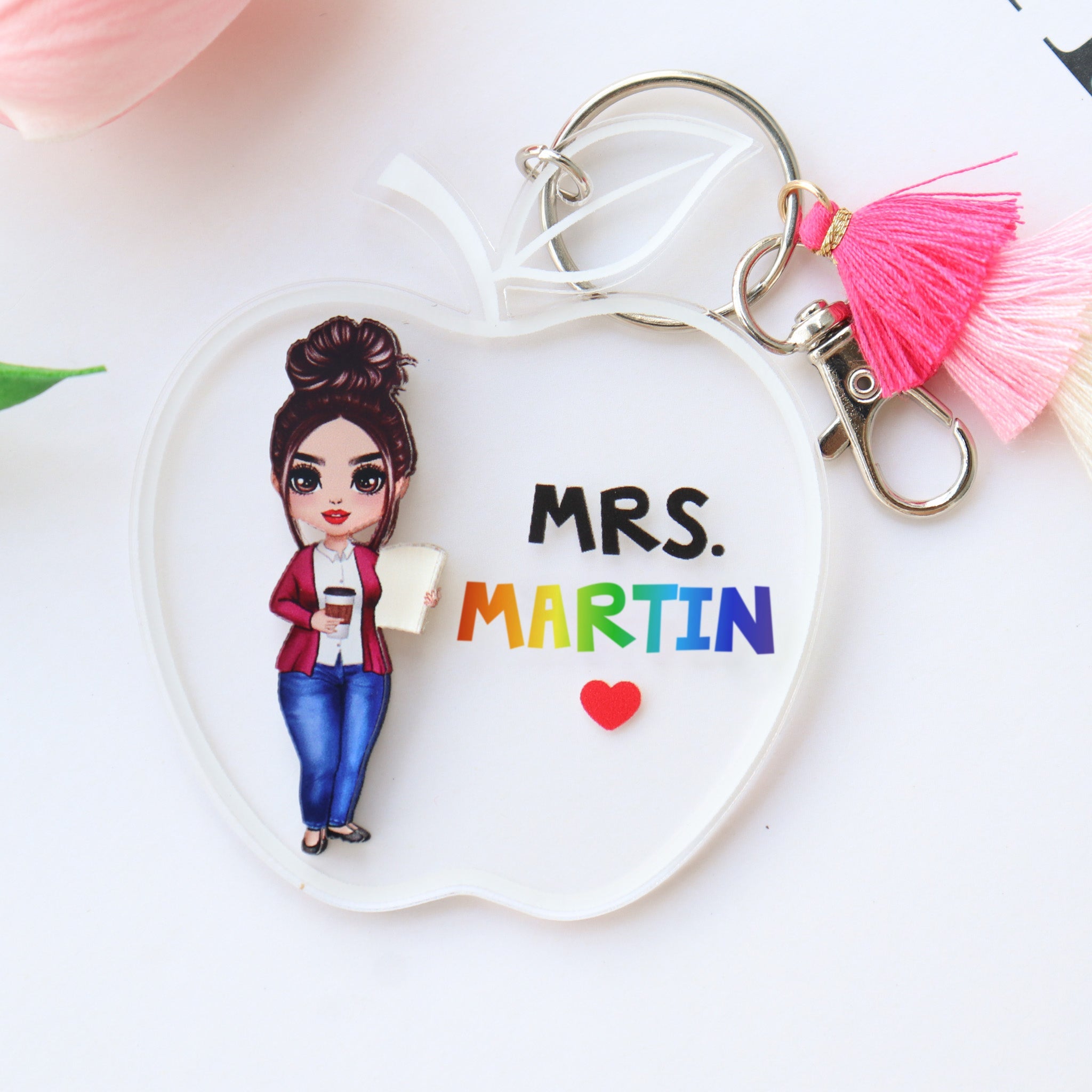 Doll Teacher Apple Shaped Personalized 2-Layer Acrylic Keychain