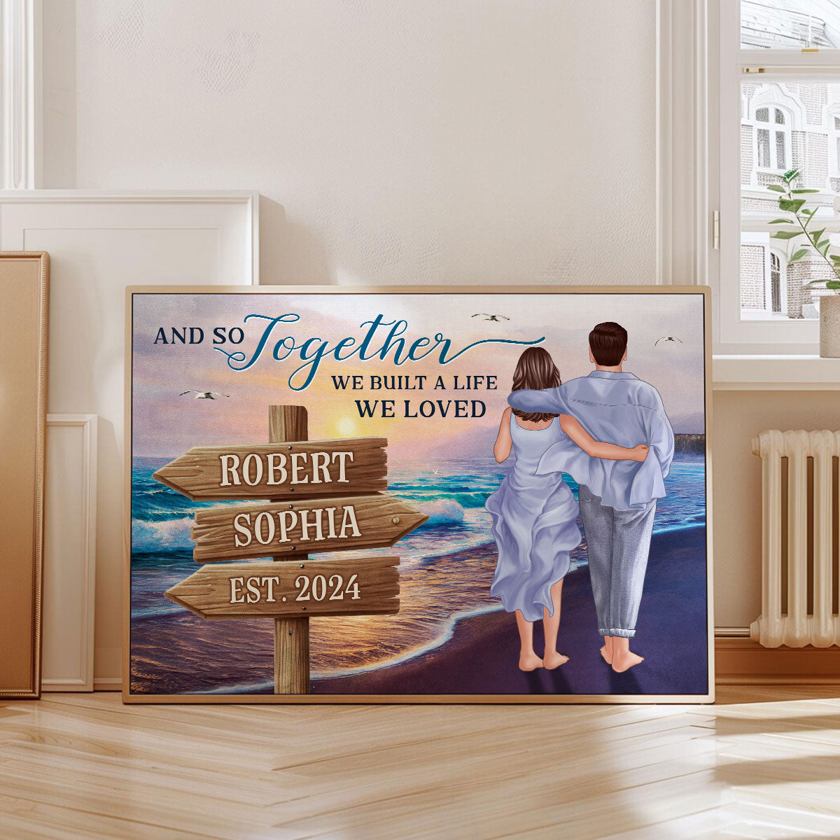 Couple Embracing And Walking On The Beach Personalized Poster, Heartfelt 2025 Gift For Couple, For Him, For Her, Boyfriend, Girlfriend, Husband, Wife