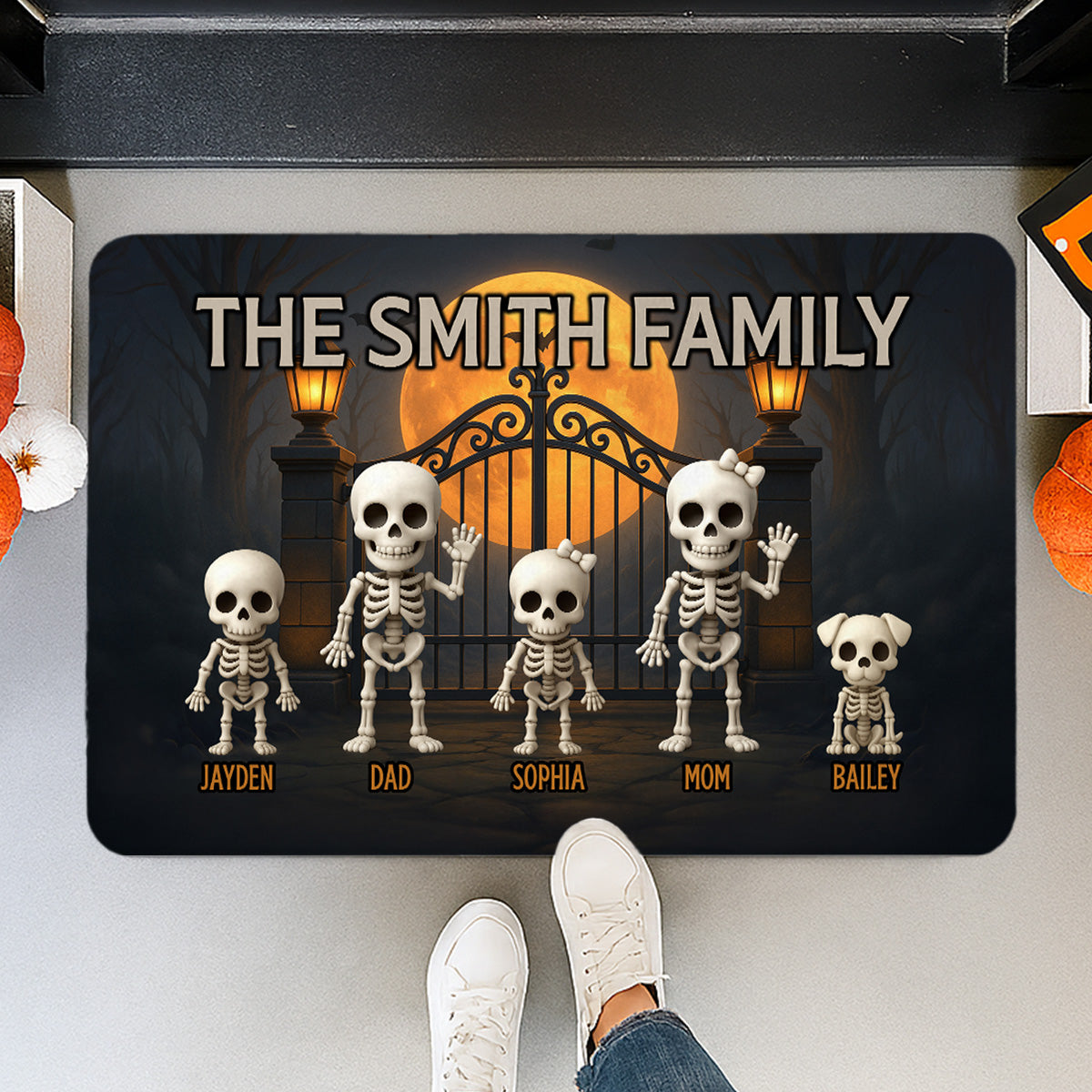 3D Effect Halloween Spooky Theme Funny Skeleton Family Personalized Doormat