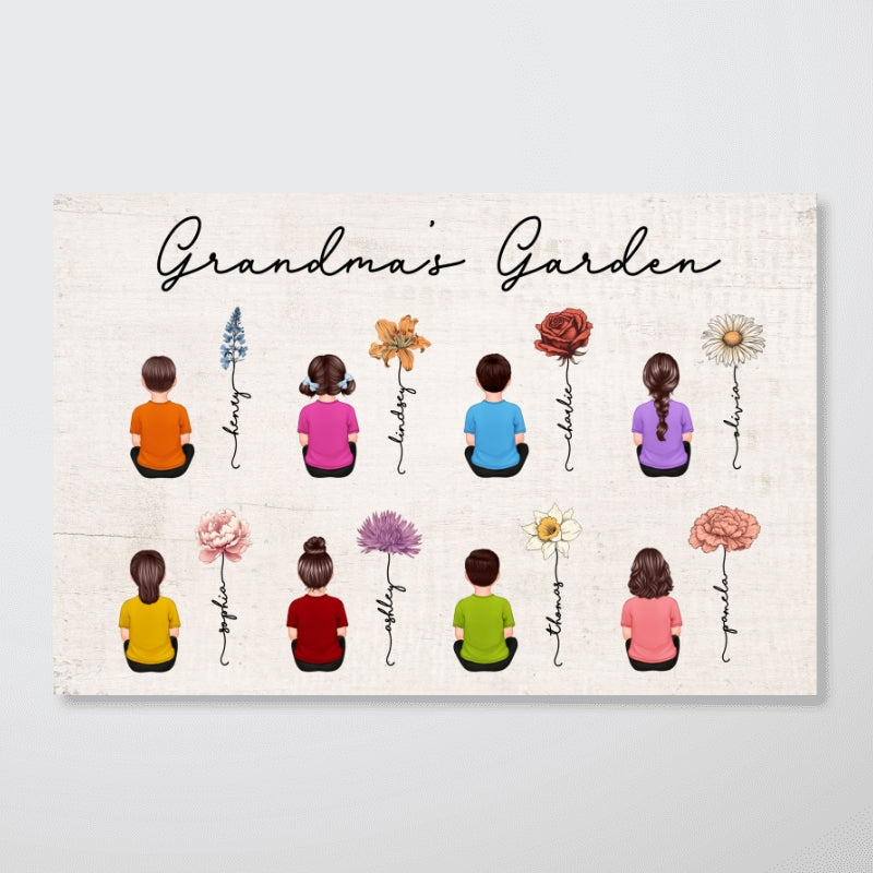 Vintage Birth Month Flowers Garden With Grandkids Names Personalized Poster, Perfect Gift For Grandma Mom Auntie