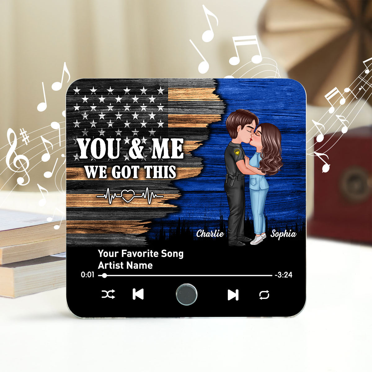 Hero Couple Kissing Half Flag Gift by Occupation Personalized Music Fridge Magnet, Gift For Him, For Her