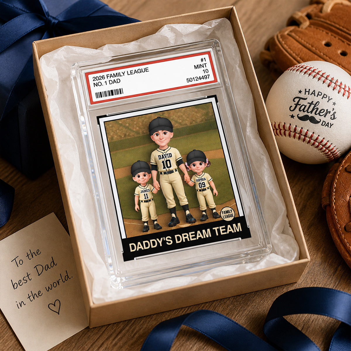 Baseball No. 1 Dad Man & Kids Trading Card Style - Personalized Acrylic Block Plaque - Gift For Baseball Dad