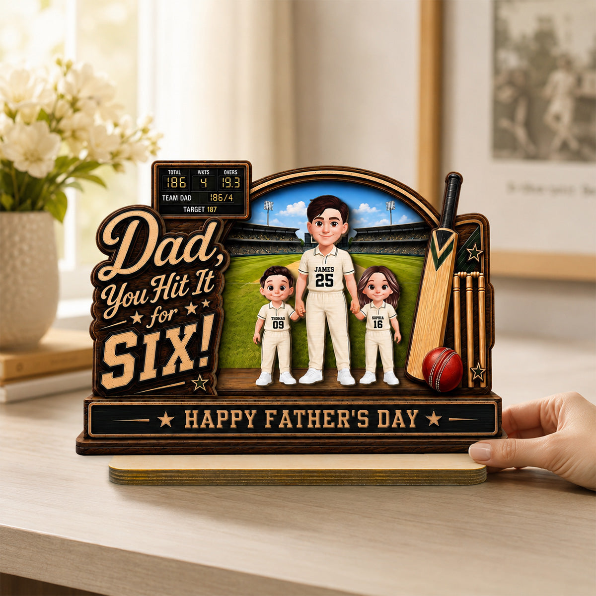 Hit A Six With The Best Dad Cricket Dad & Kids On Court - Personalised 2-Layered Wooden Plaque - Gift For Husband, Dad