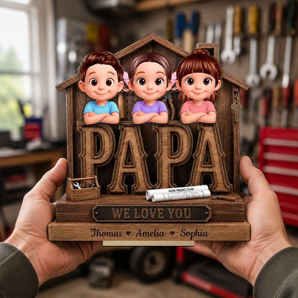 Papa Home Tools We Love You - Personalized 2-Layered Wooden Plaque - Gift for Grandpa, Dad