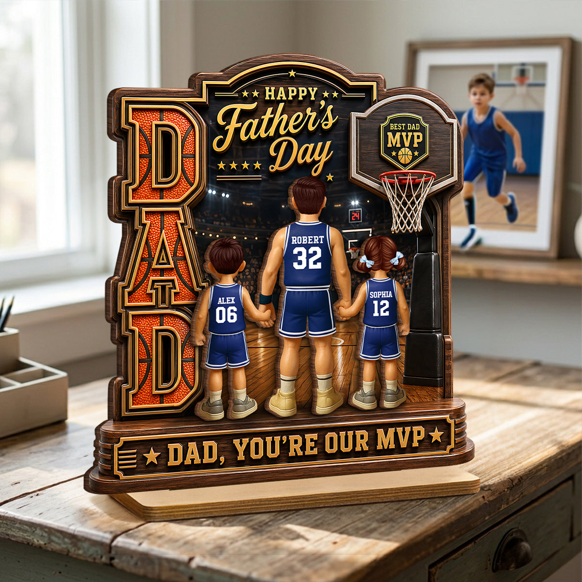 The MVP Dad Basketball - Personalized 2-Layered Wooden Plaque - Gift For Dad, Husband